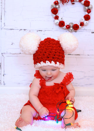 Red & white giant pom pom Christmas Santa hat, 6 - 9 month size, designed and crocheted by Two Seaside Babes