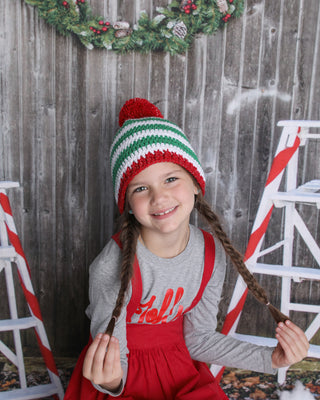 Green & white sparkle striped Christmas hat with giant red pom pom by Two Seaside Babes