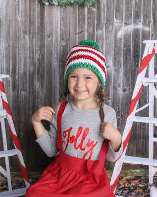 Red & white sparkle striped Christmas hat with giant green sparkle pom pom by Two Seaside Babes