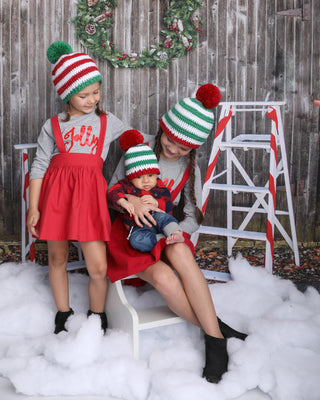 Red & white sparkle striped Christmas hat with giant green sparkle pom pom by Two Seaside Babes
