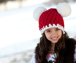 Red & white giant pom pom Christmas Santa hat, 4T - Preteen size, designed and crocheted by Two Seaside Babes