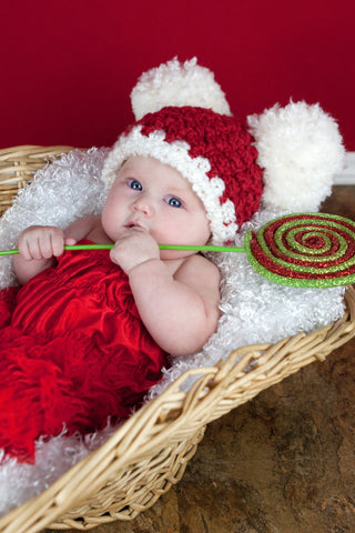 Red & white giant pom pom Christmas Santa hat, 0 - 3 month size, designed and crocheted by Two Seaside Babes