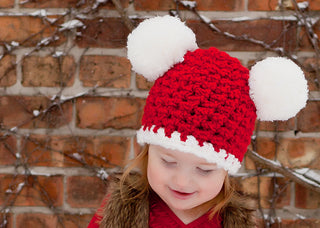 Red & white giant pom pom Christmas Santa hat, 2T - 4T size, designed and crocheted by Two Seaside Babes