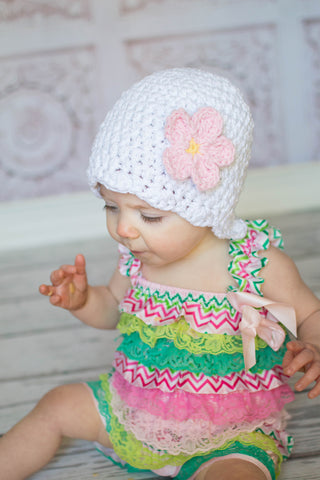 White sparkle flapper beanie hat | 40 flower colors available