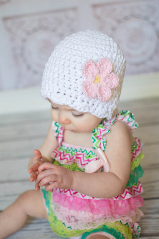 White sparkle flapper beanie hat | 40 flower colors available