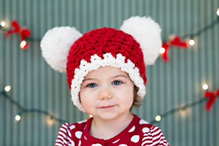 Red & white giant pom pom Christmas Santa hat, 1T - 2T size, designed and crocheted by Two Seaside Babes
