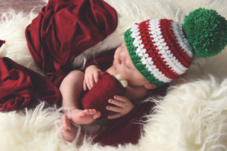 Red & white striped Christmas hat with giant green pom pom - Two Seaside Babes