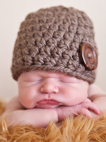 Taupe button beanie baby hat by Two Seaside Babes