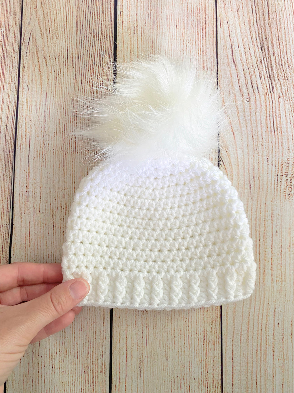 White faux fur fluffy pom pom hat newborn, baby, toddler, child