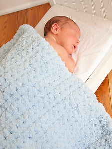 Blue soft and fluffy crochet baby blanket by Two Seaside Babes
