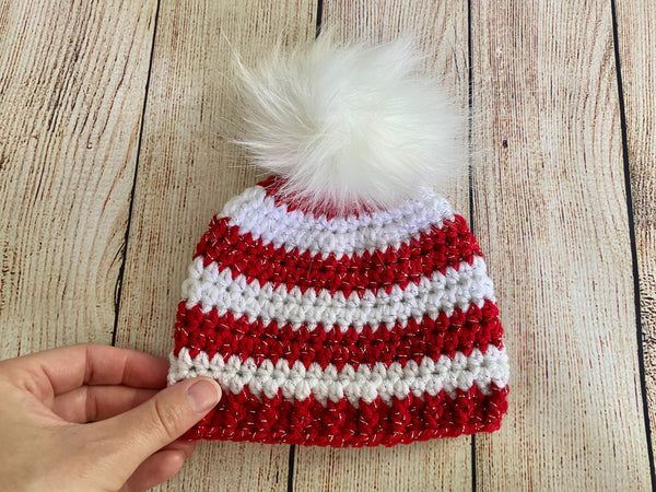 Red and white sparkle faux fur pom pom striped Christmas hat