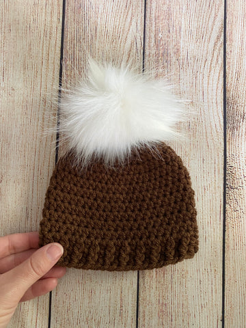 Brown faux fur pom pom hat by Two Seaside Babes