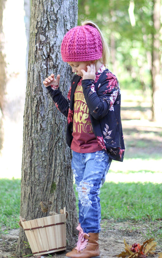 Raspberry pink messy bun ponytail beanie winter hat