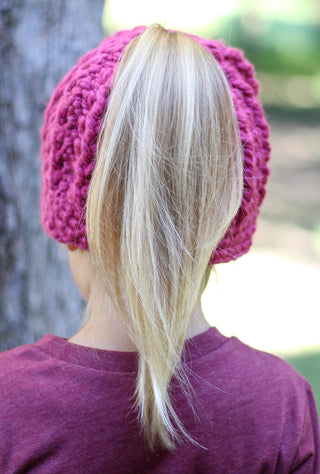 Raspberry pink messy bun ponytail beanie winter hat