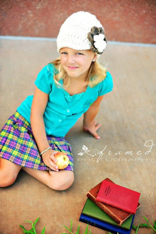 4T to Preteen Cream & Taupe | chunky crochet flower beanie, thick winter hat | baby, toddler, girl's, women's sizes