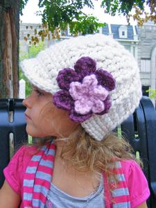 Custom flower beanie | chunky crochet thick winter hat | baby, toddler, girl's, women's sizes | Cream, Purple Plum, & Pink Blossom