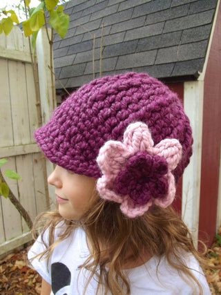 2T to 4T Purple Plum & Pink Blossom | chunky crochet flower beanie, thick winter hat | baby, toddler, girl's, women's sizes