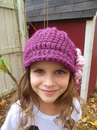 2T to 4T Purple Plum & Pink Blossom | chunky crochet flower beanie, thick winter hat | baby, toddler, girl's, women's sizes