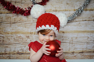 Red & white giant pom pom Christmas Santa hat, 9 - 12 month size, designed and crocheted by Two Seaside Babes