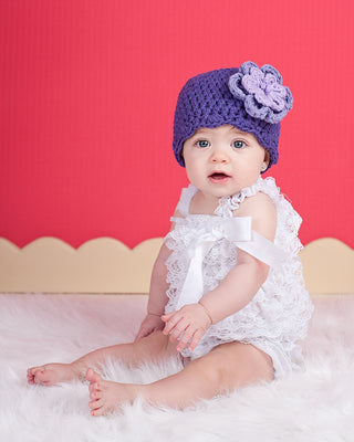 Purple, grape, and lavender double flower flapper beanie