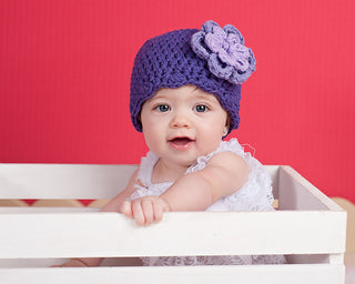 Purple, grape, and lavender double flower flapper beanie