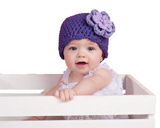 Purple, grape, and lavender double flower flapper beanie