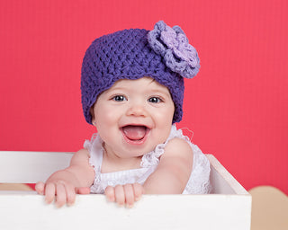 Purple, grape, and lavender double flower flapper beanie