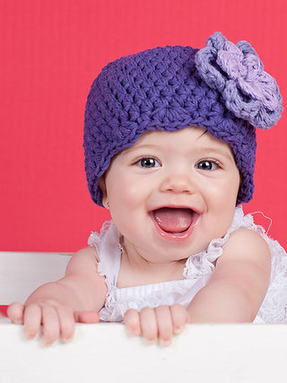 Purple, grape, and lavender double flower flapper beanie