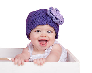 Purple, grape, and lavender double flower flapper beanie