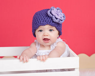 Purple, grape, and lavender double flower flapper beanie