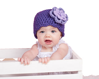 Purple, grape, and lavender double flower flapper beanie