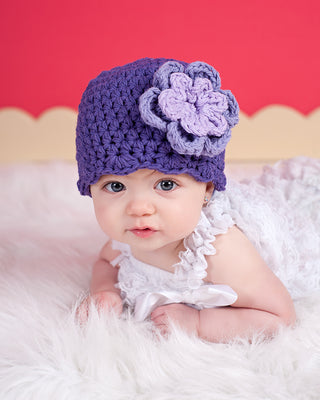 Purple, grape, and lavender double flower flapper beanie