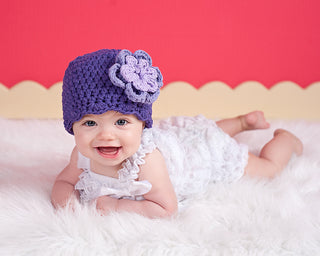 Purple, grape, and lavender double flower flapper beanie