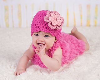 Hot pink, pink, and light pink double flower flapper beanie by Two Seaside Babes