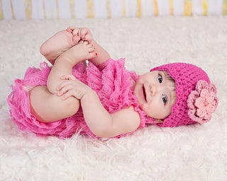 Hot pink, pink, and light pink double flower flapper beanie by Two Seaside Babes
