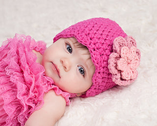 Hot pink, pink, and light pink double flower flapper beanie by Two Seaside Babes
