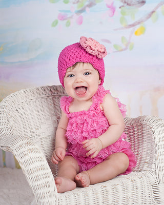 Hot pink, pink, and light pink double flower flapper beanie by Two Seaside Babes