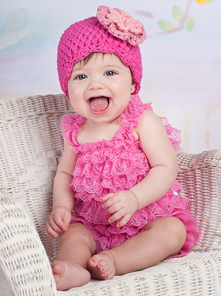Hot pink, pink, and light pink double flower flapper beanie by Two Seaside Babes