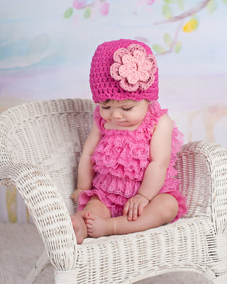 Hot pink, pink, and light pink double flower flapper beanie by Two Seaside Babes