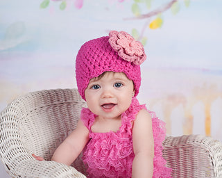 Hot pink, pink, and light pink double flower flapper beanie by Two Seaside Babes