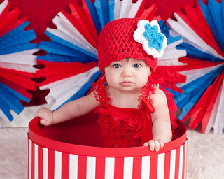 Red, white, and blue double flower flapper beanie by Two Seaside Babes