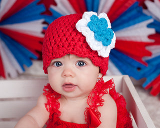 Red, white, and blue double flower flapper beanie by Two Seaside Babes