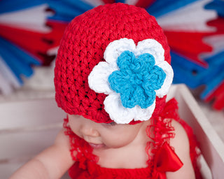 Red, white, and blue double flower flapper beanie by Two Seaside Babes