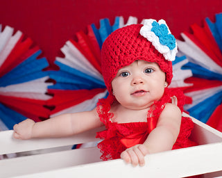 Red, white, and blue double flower flapper beanie by Two Seaside Babes