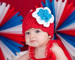Red, white, and blue double flower flapper beanie by Two Seaside Babes