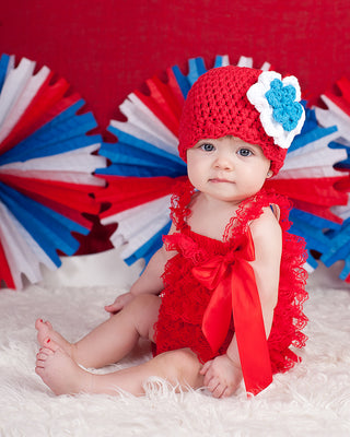 Red, white, and blue double flower flapper beanie by Two Seaside Babes