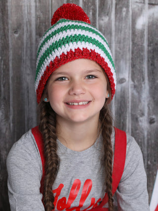 Green & white sparkle striped Christmas hat with giant red pom pom by Two Seaside Babes