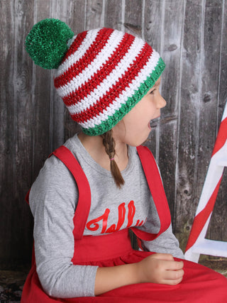 Red & white sparkle striped Christmas hat with giant green sparkle pom pom by Two Seaside Babes