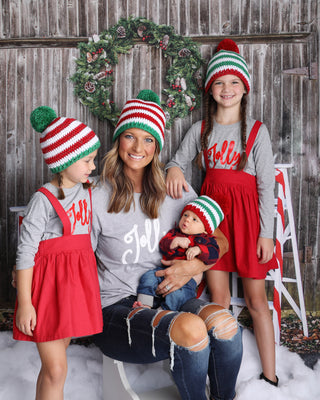 Green & white striped Christmas hat with giant red pom pom by Two Seaside Babes