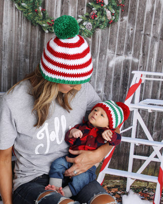 Green & white striped Christmas hat with giant red pom pom by Two Seaside Babes